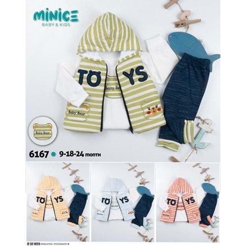 Minice 6167 Erkek Bebe Toys Nakışlı 3 lü Takım 9-18-24 Ay