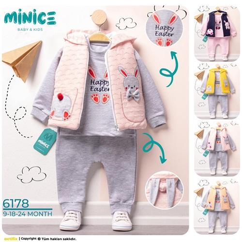 Minice 6178 Kız Bebe Tavşan Nakışlı 3 lü Penye Takım 9-18-24 Ay