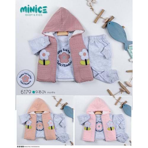 Minice 6179 Kız Bebe Papatya Nakışlı 3 lü Penye Takım 9-18-24 Ay