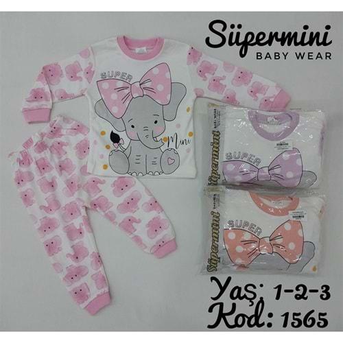Süpermini 1565 Kız Çocuk Fiyonklu Fil Baskılı Penye 2li Takım 1-3 Yaş
