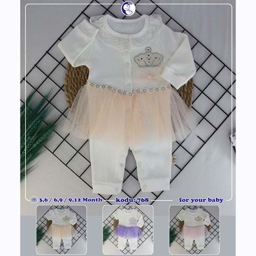 Cocomell 768 Kız Bebe Penye Taç İnci Nakışlı Tüllü Tulum 6-9-12- Ay