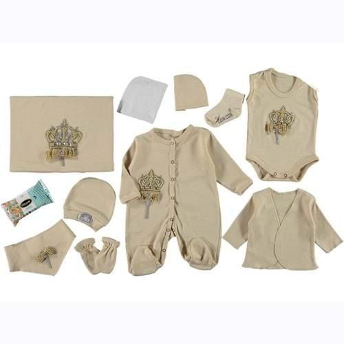 ConCon 1638 Bebe Organik Lüx Taç Taş Nakışlı 10 Parça Zıbın Set 0-3 Ay