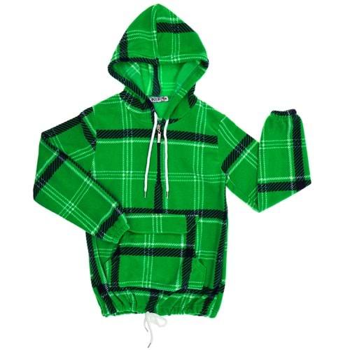 Güldür 9132 Çocuk Kareli Polar Kapşonlu K Cep Fermuarlı Sweat 13-16 Yaş