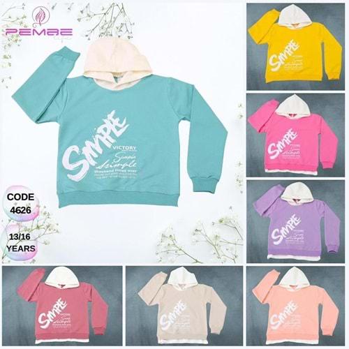 Pembe 4626 Kız Çocuk Sımple Vıctory Baskılı Penye Kapşonlu Sweat 13-16 Yaş
