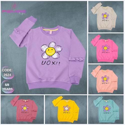 Pembe 2624 Kız Çocuk Kol Fırfırlı Vox Papatya Baskılı Penye Sweat 5-8 Yaş
