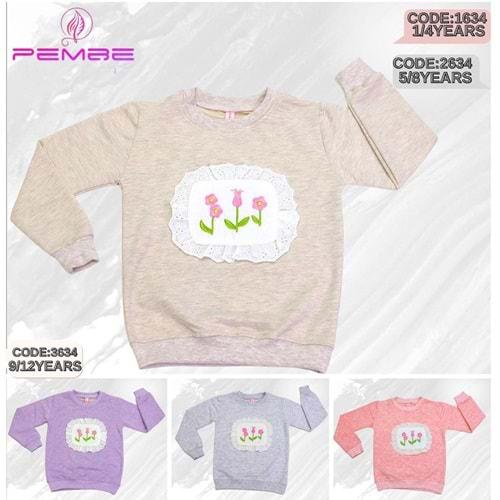 Pembe 2634 Kız Çocuk Ablike Lale Nakışlı Dantelli Penye Sweat 5-8 Yaş