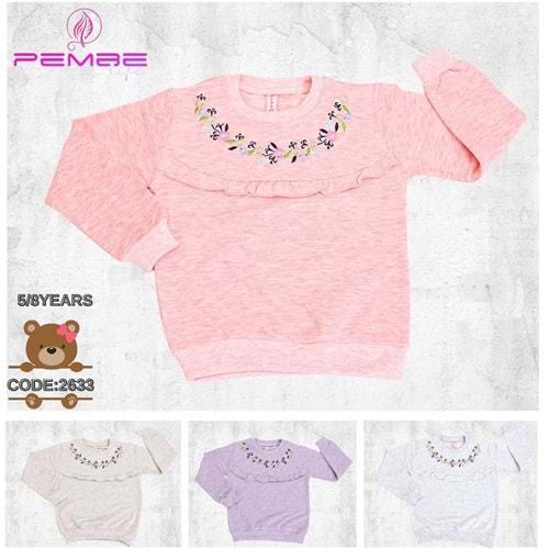Pembe 2633 Kız Çocuk Ön Fırfırlı Çiçek Nakışlı Pullu Penye Sweat 5-8 Yaş
