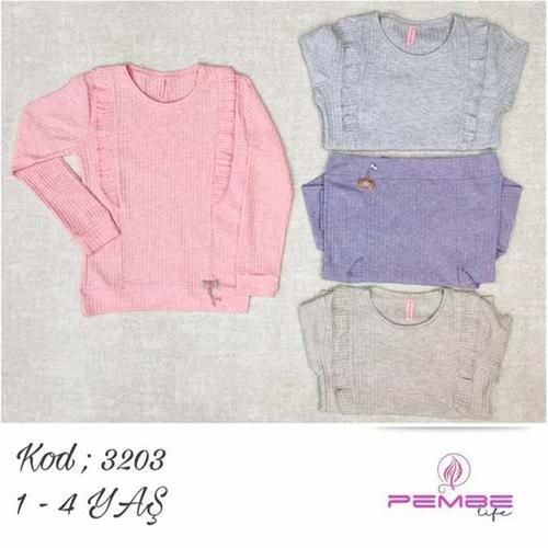 Pembe 3203 Kız Çocuk Ön Fırfırlı Uzun Kol Penye Fitilli Badi 1-4 Yaş