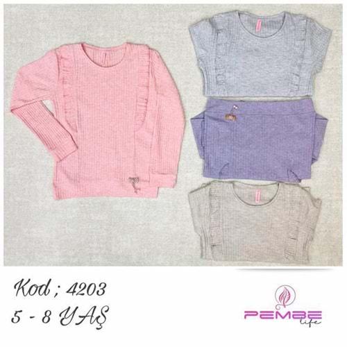 Pembe 4203 Kız Çocuk Ön Fırfırlı Uzun Kol Penye Fitilli Badi 5-8 Yaş