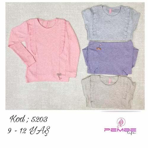 Pembe 5203 Kız Çocuk Ön Fırfırlı Uzun Kol Penye Fitilli Badi 9-12 Yaş