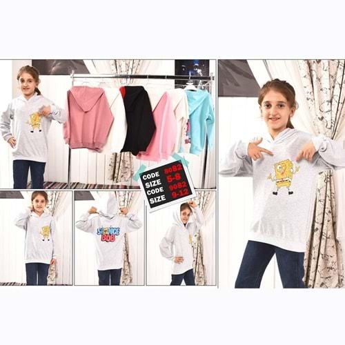 Zara 8082 Kız Çocuk Sünger Bob Baskılı Penye Kapşonlu Sweat 5-8 Yaş
