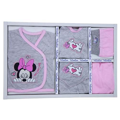 Concon 8020 Bebe Minnie Mouse Kalp Baskılı 8 Parça Lüx Zıbın Set 0-3 Ay