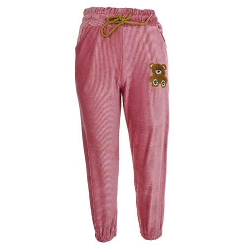 Tonbix 1266 Kız Çocuk Fitilli Kadife Lastikli Ayıcık Nakışlı Pantolon 6-10 Yaş