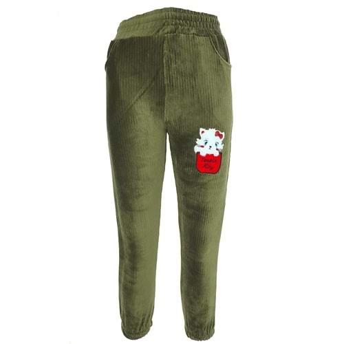 Tonbix 1356 Kız Çocuk Kadife Kedi Nakışlı Pantolon 8-12 Yaş