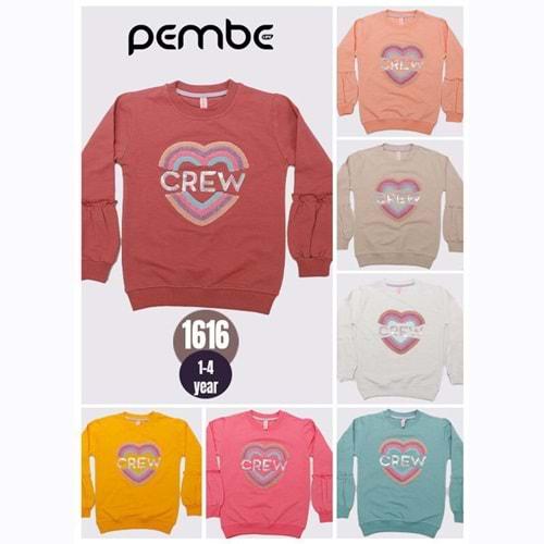 Pembe 1616 Kız Çocuk Kol Büzglü Crew Süzine Pul Nak Penye Sweat 1-4 Yaş