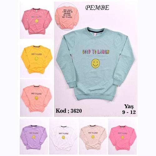 Pembe 3620 Kız Çocuk Ön Arka Good To Laugh Emoji Baskılı Penye Sweat 9-12 Yaş