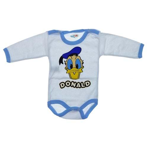 Burtaç Bebe 0067 Bebe Donal Duck Baskılı Likralı Penye Uzun Kol Çıtçıtlı Badi 3-9 Ay(56-62-68)