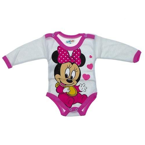 Burtaç Bebe 0067 Bebe Minnie Mouse Baskılı Likralı Penye Uzun Kol Çıtçıtlı Badi 3-9 Ay(56-62-68)