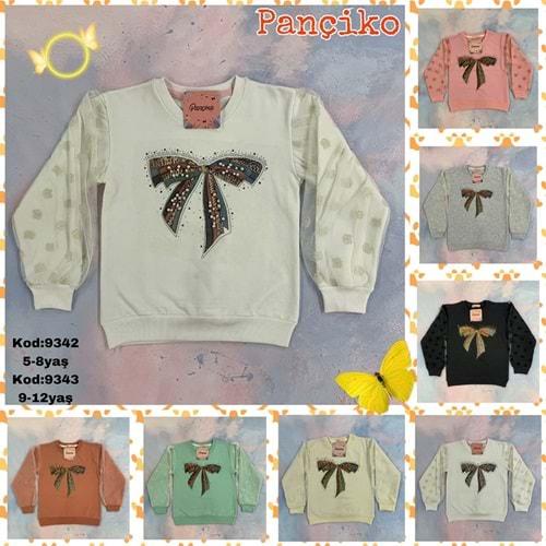 Pançiko 9342 Kız Çocuk Fiyonk Baskılı Kol Tüllü 2 İp Şardonlu Sweat 5-8 Yaş