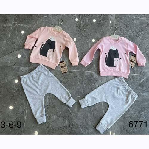 Elci 6771 Kız Bebe Penye Kedi Baskılı 2Li Takım 3-6-9 Ay