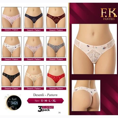 F-K 3421 Bayan Penye Dantel Detaylı Desenli 3 Lü Külot