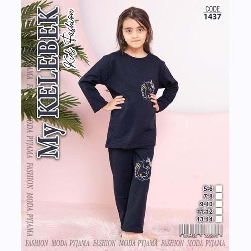 MY Kelebek 1437 Kız Çocuk 2 İplik Şardonlu Uzun Kol Pijama Takımı 5-6 13-14 Yaş