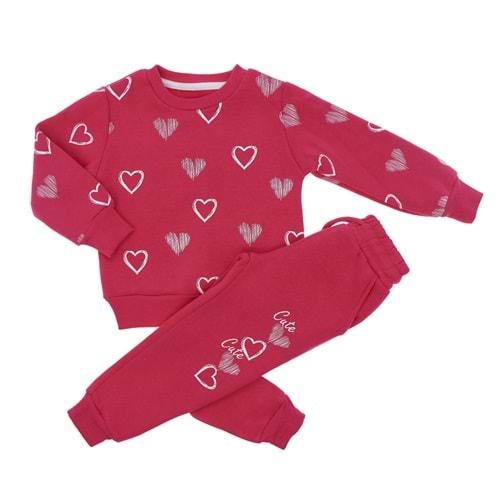 ZARA 4007 Kız Çocuk 3İp Sıfır Yaka Kalp Baskılı Takım 2-8 Yaş