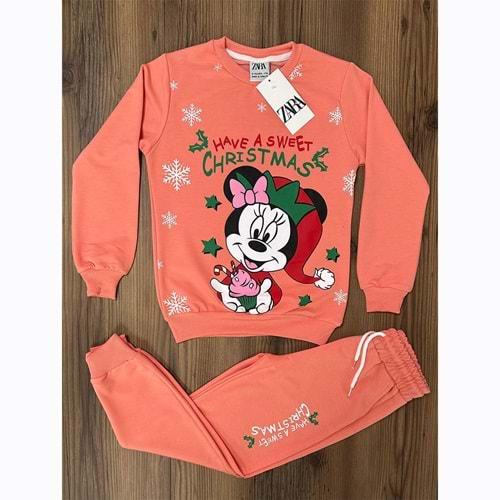 Zara Kız Çocuk Penye Noel Şapkalı Minnie Mouse Kar Tanesi Baskılı Takım 7-10 Yaş