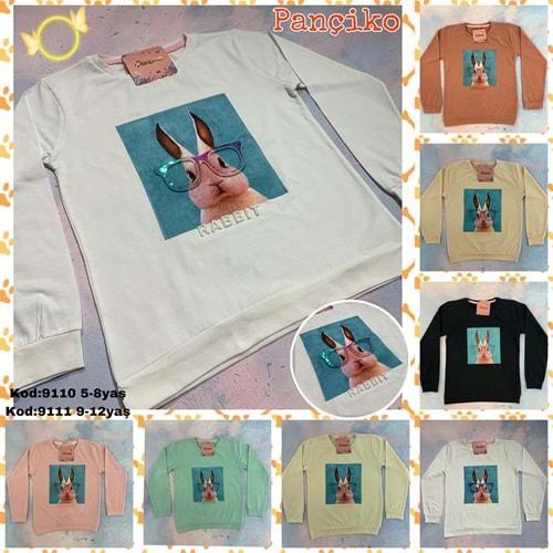 Pançiko 9111 Kız Çocuk Tavşan Baskılı Gofralı Penye Süprem Badi 9-12 Yaş