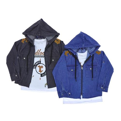 BRT 1010 Erkek Çocuk Çapa Nakışlı Tişörtlü Fermuarlı Kapşonlu Kot Gömlek 5-8 Yaş