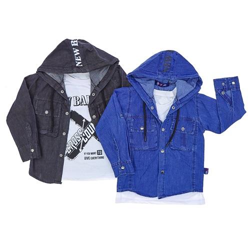 BRT 2012 Erkek Çocuk Balance Baskılı Tişörtlü Kapşonlu Kot Gömlek 9-12 Yaş