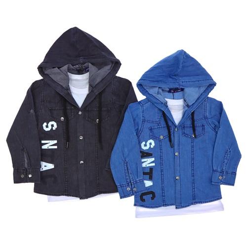 BRT 2007 Erkek Çocuk Santac Baskılı Cepli Tişörtlü Kapşonlu Kot Gömlek 9-12 Yaş