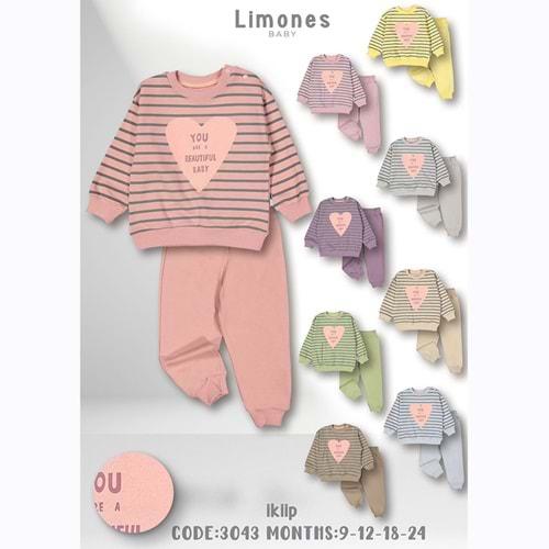 Limones 3043 Kız Bebe 2 İp Çizgili Kalp Baskılı Takım 9-24 Ay