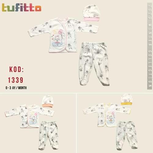 Tufitto 1339 Bebe BalonluTavşan Nakışlı Şapkalı Penye Zıbın Takım 0-3 Ay