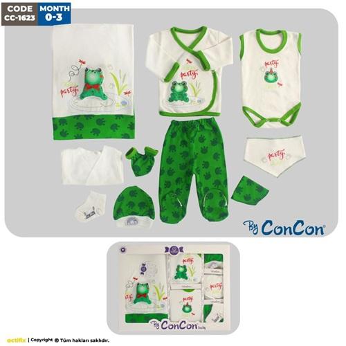 CC-1623 Bebe Şişme Mobil Kurbağa Nakışlı 10 Parça Zıbın Set 0-3 Ay