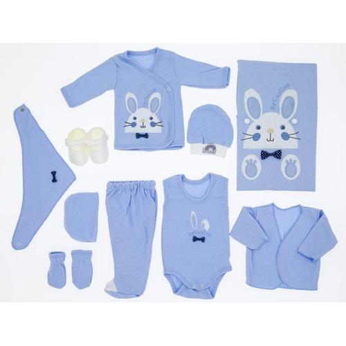 CC-572 Bebe Ponponlu Tavşan Nakışlı 10 Parça Zıbın Set 0-3 Ay