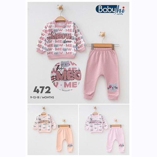 Baby Hi 472 Kız Bebe Penye Meow Süzine Nakışlı Takım 6-9-12-18 Ay