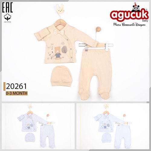 Agucuk Baby 20261 Bebe Penye Ayıcık Baskılı Patikli Şapkalı 3 Lü Zıbın Takım 0-3 Ay