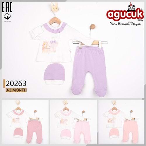 Agucuk Baby 20263 Kız Bebe Penye Ayıcık Baskılı Patikli Şapkalı 3 Lü Zıbın Takım 0-3 Ay