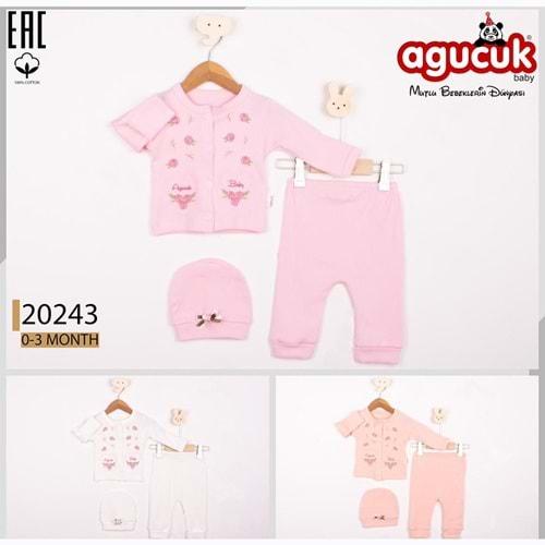 Agucuk Baby 20243 Kız Bebe Penye Çiçek Nakışlı Patiksiz Şapkalı 3 Lü Zıbın Takım 0-3 Ay