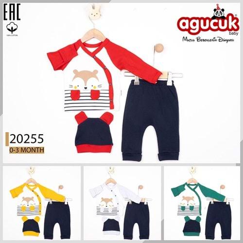 Agucuk Baby 20255 Bebe Penye Rakun Baskılı Patiksiz Şapkalı 3 Lü Zıbın Takım 0-3 Ay