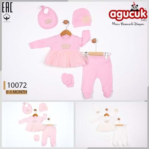 Agucuk Baby 10072 Kız Bebe Penye Taşlı Taç Nakışlı Tüllü Patikli Şapkalı 5 Li Zıbın Takım 0-3 Ay