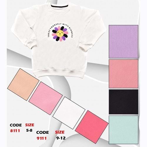 Kırmızı 8111 Kız Çocuk Renkli Papatya Süzine Nakışlı Sıfır Yaka 2 İp Penye Sweat 5-8 Yaş