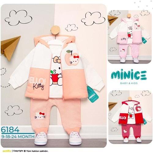 Minice 6184 Kız Bebe Hello Nakışlı 3 lü Penye Takım 9-18-24 Ay