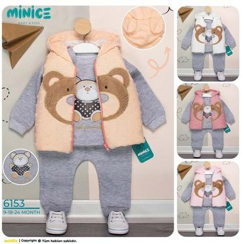 Minice 6153 Kız Bebe Ayı Nakışlı 3 lü Penye Takım 9-18-24 Ay