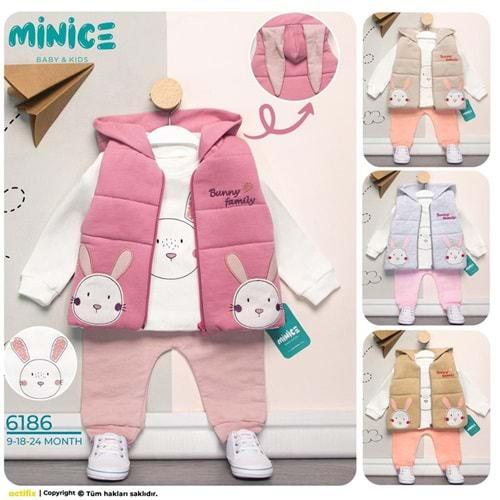 Minice 6186 Kız Bebe Tavşan Nak 3 lü Penye Takım 9-18-24 Ay