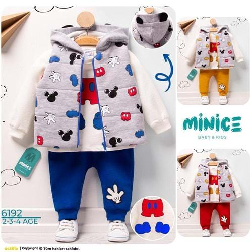 Minice 6192 Erkek Bebe Mickey Baskılı 3 lü Penye Takım 2-3-4 Yaş