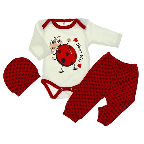3015 Bebe Uğurböcekli Çıtçıtlı Patiksiz 3 Lü Penye Zıbın Takım 6-9-12 Ay