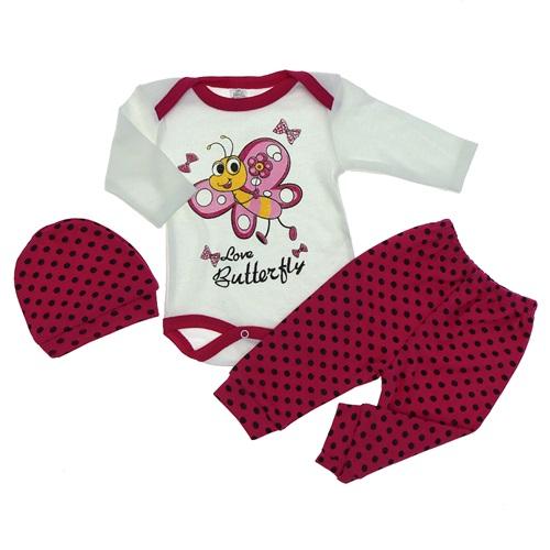 3014 Bebe Kelebekli Çıtçıtlı Patiksiz 3 Lü Penye Zıbın Takım 6-9-12 Ay