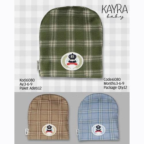 Kayra 6080 Erkek Bebe Penye Ekose Nakışlı Şapka Bere 0-3 Ay
